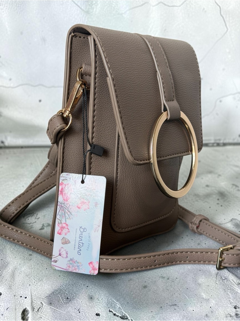 Taupe Crossbody Bag with Gold Ring Accent by Brentano - Picture 5 of 14